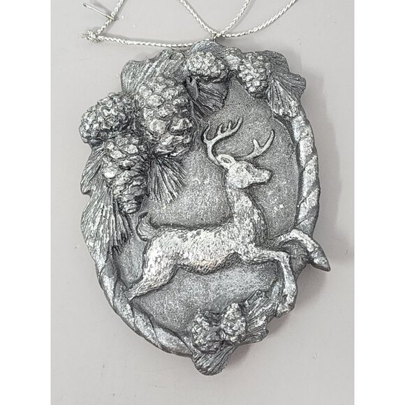 Set Of 4 Silver Tone Pinecone & Deer Hanging Christmas/Holiday Ornaments - Picture 2 of 8